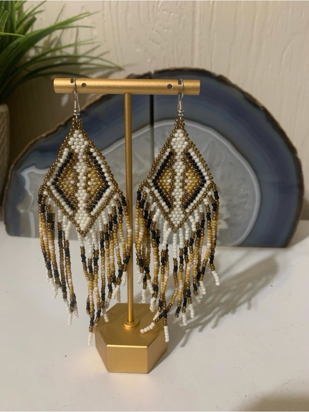 Handmade Beaded Fringe Earrings in White, Gold & Black